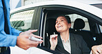Smile, woman and police with fine for car, speeding warning and law violation of traffic crime. Mature person, officer and vehicle registration with ticket penalty, driver information and road block