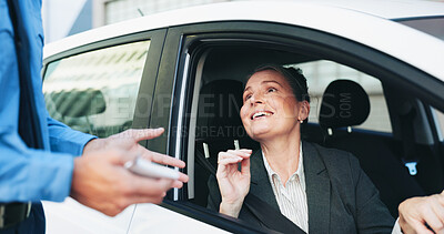 Buy stock photo Smile, woman and driver talking to police for interaction, travel law and documentation. Happy, mature person and officer with car registration for patrol, vehicle information and traffic road block