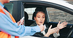 Angry, woman and police with fine for car penalty, speeding warning and conflict of traffic violation. Mature person, officer and argument for vehicle ticket, public safety and note for payment shock