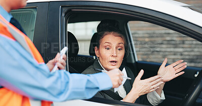 Buy stock photo Angry, woman and police with fine for car penalty, speeding warning and conflict of traffic violation. Mature person, officer and argument for vehicle ticket, public safety and note for payment shock