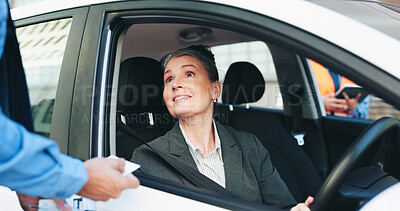 Buy stock photo Woman, police and stop car for license check, speeding warning and law violation of traffic crime. Mature person, officer and vehicle registration with fine penalty, driver information and road block