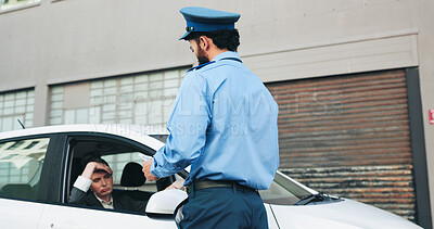 Buy stock photo Stress, woman and police with car ticket penalty, speeding warning and mistake of traffic violation. Mature person, officer and unhappy with vehicle fine, public safety and payment note for crime fee