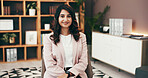 Thinking, office and happy business woman with vision, insight and attorney at corporate law firm. Smile, confidence and professional employee with idea, lawyer and legal representative in Portugal
