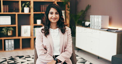 Buy stock photo Portrait, office and happy business woman with pride, ambition and attorney at corporate law firm. Smile, confidence and professional employee at work, lawyer and legal representative in Portugal