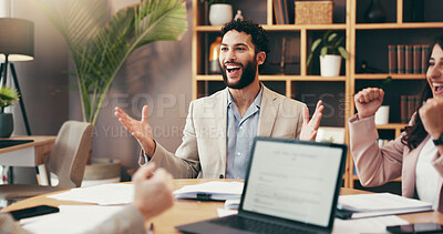 Buy stock photo Happy, business people or meeting with laptop for winning, congratulations or promotion at office. Group, employees or excited team with surprise together on computer for good news or project success