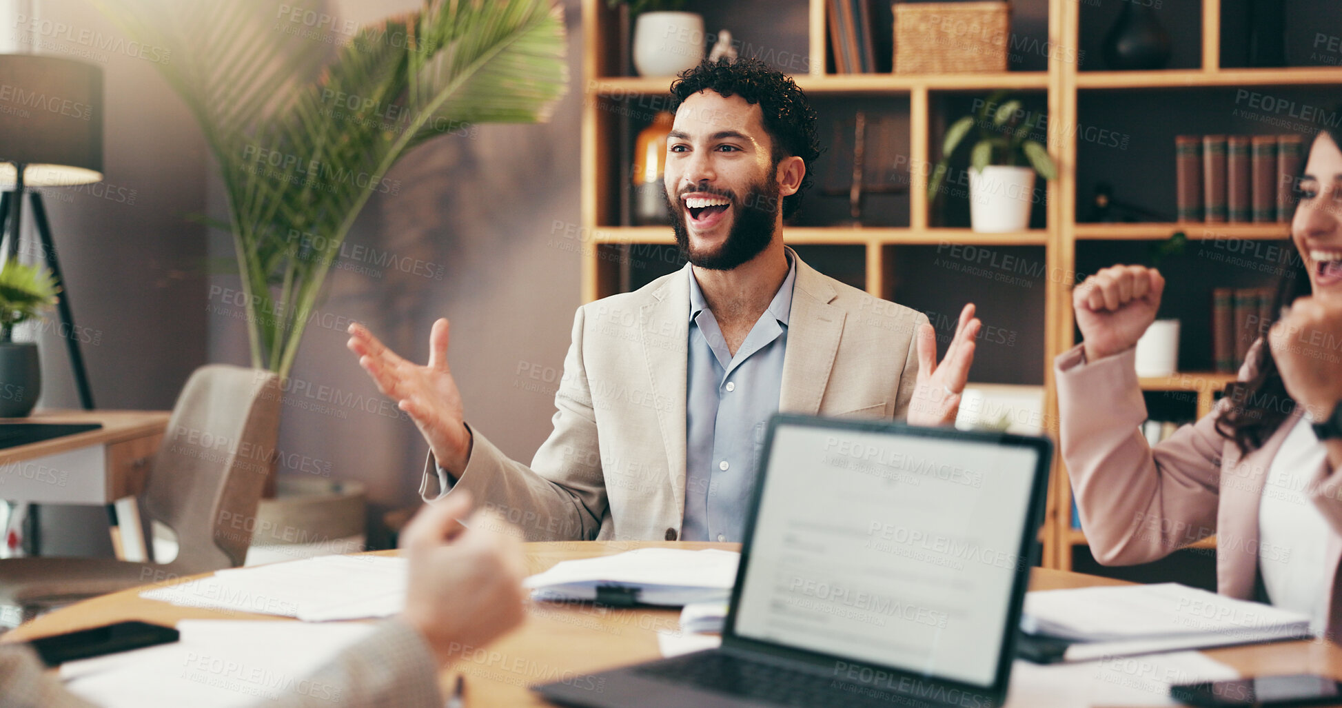 Buy stock photo Happy, business people or meeting with laptop for winning, congratulations or promotion at office. Group, employees or excited team with surprise together on computer for good news or project success