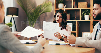 Buy stock photo People, lawyers and reading documents in office for legal report, information and negotiation. Staff, attorney and paperwork with case settlement, contract update and procedure for policy management