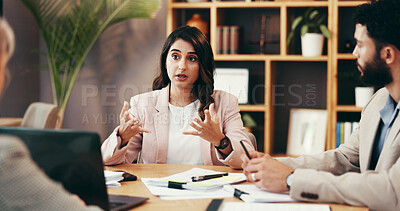 Buy stock photo Lawyer, woman and meeting with paperwork in office for legal consulting, corporate advice and case settlement. Law firm, client and attorney team with documents for court negotiation and discussion