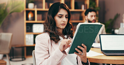 Buy stock photo Online, tablet and business woman in office for research, budget review and finance proposal. Reading, accountant and confused person on digital tech for website, financial decision and planning