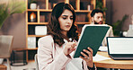 Online, tablet and business woman in office for research, budget review and finance proposal. Professional, accountant and person on digital tech for website, financial consultant and planning