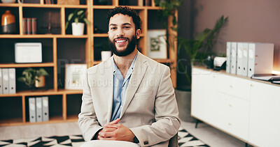 Buy stock photo Portrait, confidence and happy business man in office with pride, ambition and attorney at corporate law firm. Smile, professional and employee at work, lawyer and legal representative in Spain