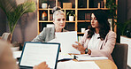 People, lawyers and meeting with documents in office for legal consulting, planning and corporate advice. Mature woman, attorney and paperwork for settlement, information and procedure for management