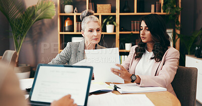 Buy stock photo People, lawyers and meeting with documents in office for legal consulting, planning and team advice. Mature woman, attorney and paperwork for settlement, information and procedure with collaboration