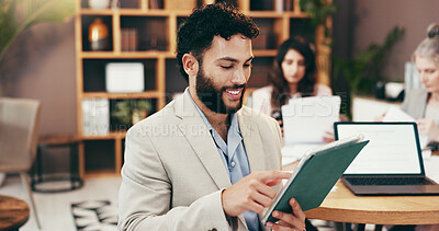 Buy stock photo Happy, tablet and business man in office for research, online budget review and finance proposal. Professional, accountant and person on digital tech for website, financial consultant and planning