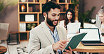 Happy, tablet and business man in office for research, online budget review and finance proposal. Professional, accountant and person on digital tech for website, financial consultant and planning