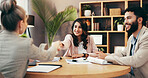 People, lawyer and handshake in office for welcome, legal agreement and thank you in meeting. Attorney, client couple and shaking hands in law firm for negotiation, contract renewal and introduction