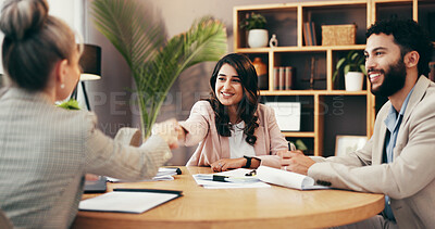 Buy stock photo People, lawyer and handshake in office for welcome, legal agreement and thank you in meeting. Attorney, client couple and shaking hands in law firm for negotiation, contract renewal and introduction
