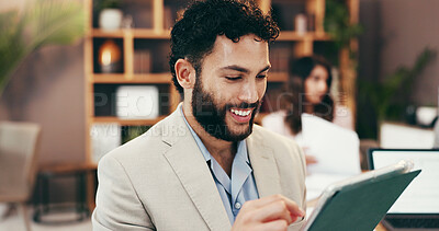 Buy stock photo Happy, tablet and businessman in office for research, online budget review and finance proposal. Professional, accountant and person on digital tech for website, financial consultant and planning