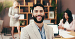 Portrait, corporate and happy business man in office with pride, ambition and attorney coworking at law firm. Smile, confidence and professional employee at work, lawyer and legal representative