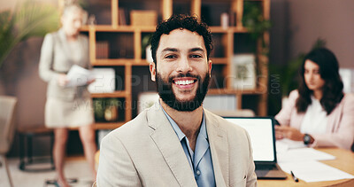 Buy stock photo Portrait, corporate and happy business man in office with pride, ambition and attorney coworking at law firm. Smile, confidence and professional employee at work, lawyer and legal representative