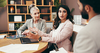 Buy stock photo Meeting, laptop and business people in office for planning with creative project in collaboration for publishing. Teamwork, computer and editors with manager for feedback or review in workplace.