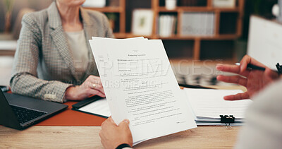 Buy stock photo Business people, hands and lawyer with legal contract for court testimony, partnership agreement or policy. Attorney, client or discussion with paperwork or filing for law conduct or case advice