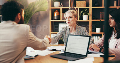 Buy stock photo Business people, meeting and handshake for partnership in office, agreement or contract deal. Collaboration, thank you or welcome with group in workplace, trust or shaking hands for team project