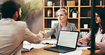 Business people, meeting and handshake for partnership in office, agreement or contract deal. Collaboration, thank you or welcome with group in workplace, trust or shaking hands for team project
