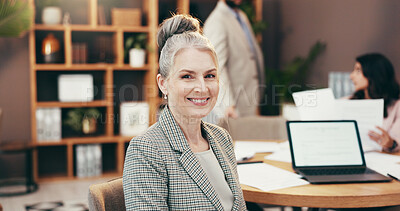 Buy stock photo Portrait, mature and happy business woman in office with pride, ambition and attorney coworking. Smile, professional manager and confident lawyer at work as legal representative in corporate law firm