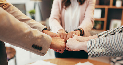 Buy stock photo Team, hands and business people with fist bump in office for support, mission or motivation for group project. Huddle, solidarity and synergy with trust, cooperation and corporate collaboration 