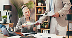 Woman, lawyer and meeting with documents in office for legal consulting, review contact and company case. Mature client, attorney and paperwork for settlement, information and procedure of management