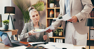 Buy stock photo Woman, lawyer and meeting with documents in office for legal consulting, review contact and company case. Mature client, attorney and paperwork for settlement, information and procedure of management