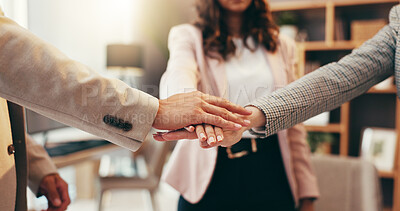 Buy stock photo Team, hands and business people with stack in office for support, mission or motivation for group project. Huddle, solidarity and synergy with trust pile, cooperation and corporate collaboration 