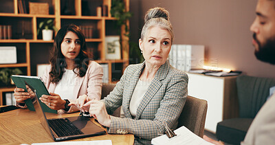 Buy stock photo Meeting, laptop and team of business people in office with creative project in collaboration for publishing. Discussion, computer and editors with manager for feedback, review or advice in workplace.