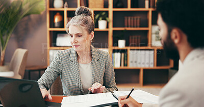 Buy stock photo People, laptop and meeting with documents in office of legal consulting, review case and teamwork. Mature woman, attorney and paperwork for settlement, information and procedure with collaboration
