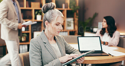 Buy stock photo Professional, tablet and mature woman in office for research, online budget review and finance proposal. Business, accountant and person on digital tech for website, financial consultant and planning