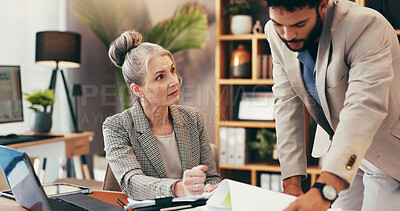 Buy stock photo Corporate, people and meeting with documents in office for legal consulting, planning and contact advice. Mature woman, attorney and paperwork for settlement, information and procedure for management