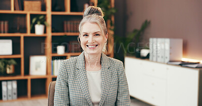 Buy stock photo Portrait, smile and mature business woman in office with pride, ambition and attorney at corporate law firm. Happy, professional and manager at work, lawyer and legal representative in Switzerland