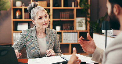 Buy stock photo Meeting, people and explain with documents in office for legal consulting, planning and corporate advice. Mature woman, attorney and paperwork for settlement, information and procedure for management
