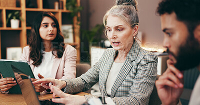 Buy stock photo Meeting, laptop and business people in office with creative project in collaboration for publishing. Teamwork, computer and group of editors with manager for feedback, review or advice in workplace.