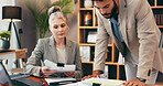 Corporate, people and reading documents in office for legal feedback, information and review case. Mature woman, attorney and paperwork for settlement, company contract and procedure for management