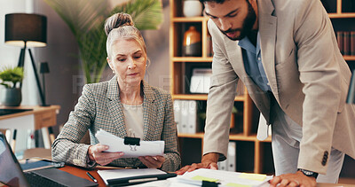 Buy stock photo Corporate, people and reading documents in office for legal feedback, information and review case. Mature woman, attorney and paperwork for settlement, company contract and procedure for management