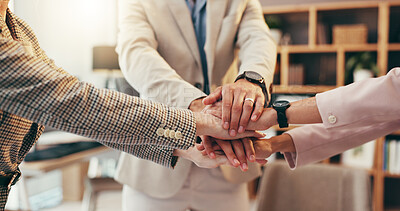 Buy stock photo Hands, together and stack with business team in office, support or mission for financial collaboration. People, group and synergy in accounting, partnership and professional motivation in workplace
