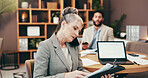 Phone call, business woman and reading paperwork in law firm for case report, lawsuit or update client. Mobile, conversation or mature manager with document on clipboard for legal evidence or justice