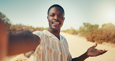 Buy stock photo Selfie, influencer and portrait of black man in countryside for adventure, holiday and vacation. Live streaming, happy and person recording for road trip, destination and social media on safari 