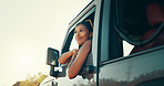 Woman, road trip and smile on travel by window for driving, journey or memory with sightseeing on safari. Person, happy and excited in vehicle, transport or reflection in summer at sunset in Colombia