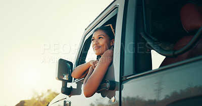 Buy stock photo Woman, road trip and smile on travel by window for driving, journey or memory with sightseeing on safari. Person, happy and excited in vehicle, transport or reflection in summer at sunset in Colombia