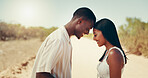Forehead, happy and couple in nature for holiday, vacation and travel on weekend outdoor. Road trip, countryside and man and woman smile for bonding, relax and relationship on adventure together