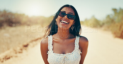 Buy stock photo Smile, sunglasses and travel with woman outdoor on dirt road for adventure, holiday or vacation. Desert, destination and journey with happy tourist on sand in summer for discovery or exploration