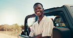 Road trip, portrait and arms crossed with black man in nature for safari guide, national park and travel adventure. Smile, explore and savannah with person and care in Tanzania for Serengeti reserve